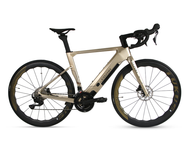 COZON Carbon C11 Electric Road Bike in sleek silver, featuring advanced performance, lightweight carbon frame, hydraulic Shimano brakes, and smooth electric shifting. Perfect for road cycling enthusiasts seeking comfort, speed, and reliability. Stylish silver design, ergonomic saddle, aerodynamic handlebars, high-capacity battery, and cutting-edge electric motor make it ideal for long rides and urban commuting.